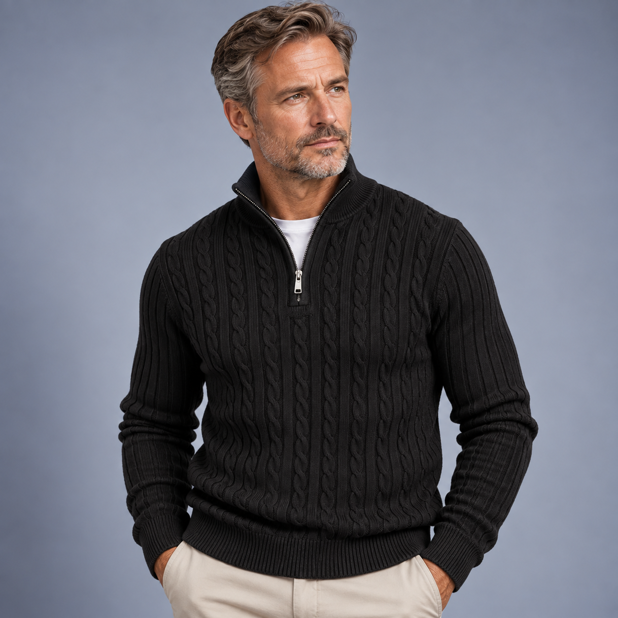 Men's Cable Knit Half-Zip Sweater with Stand Collar - 1
