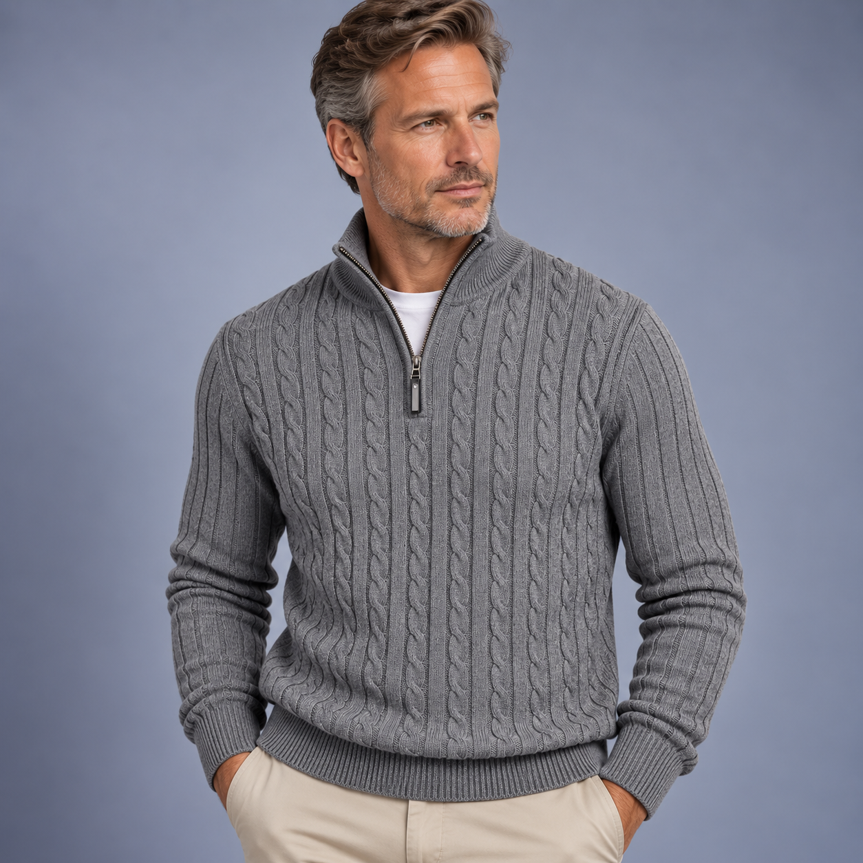 Men's Cable Knit Half-Zip Sweater with Stand Collar - 3
