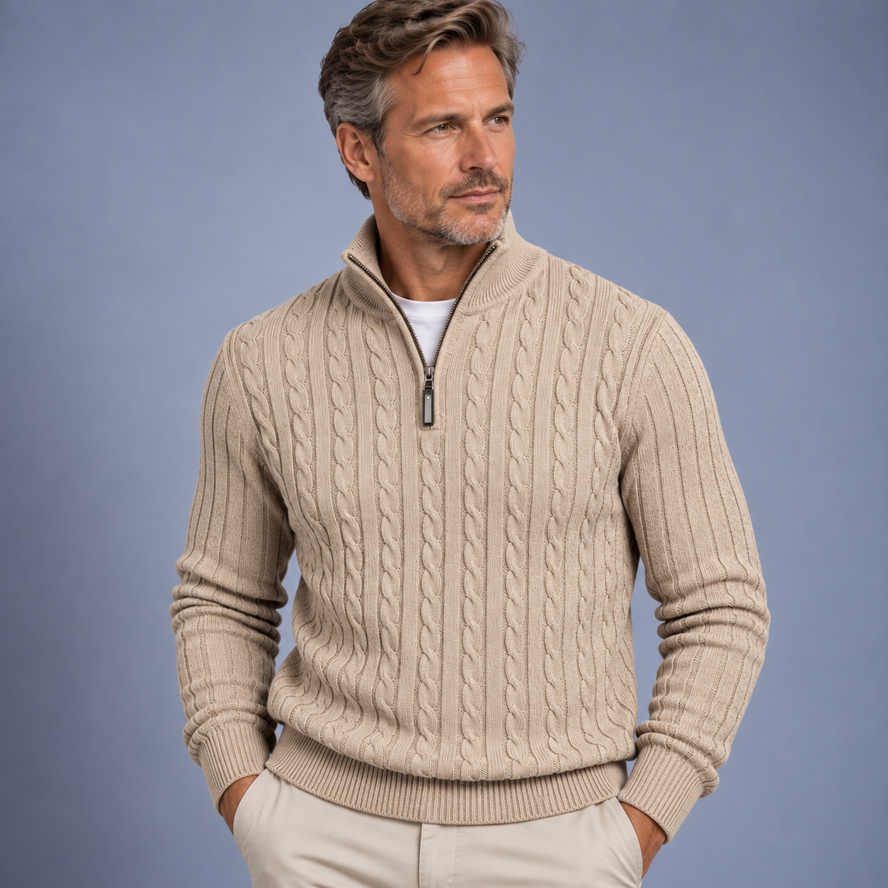 Men's Cable Knit Half-Zip Sweater with Stand Collar - 5