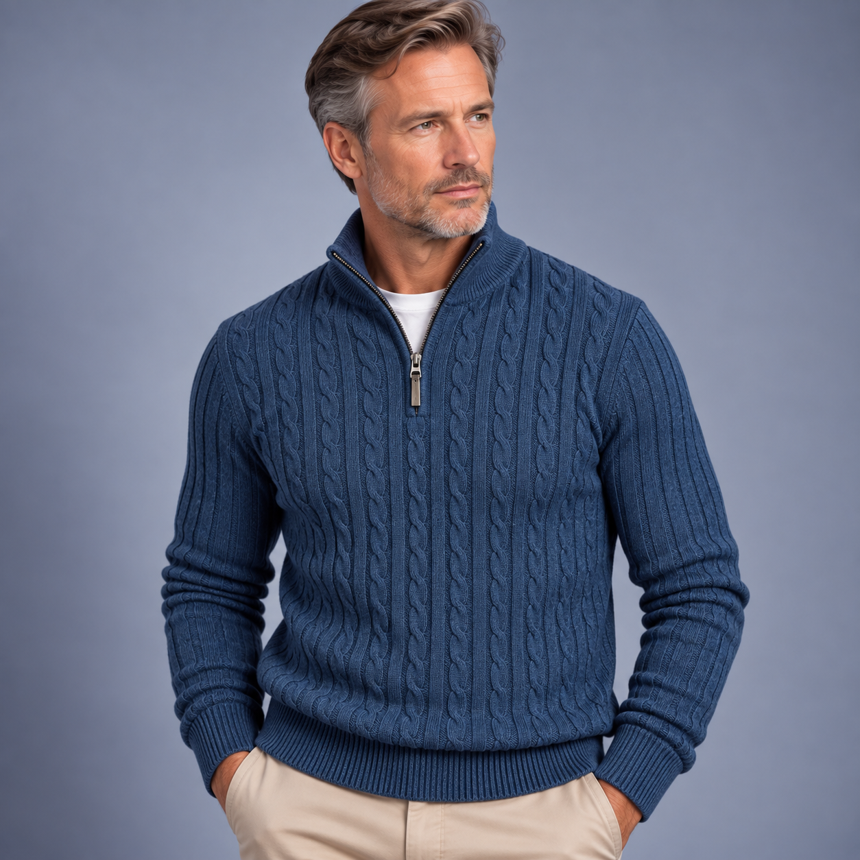 Men's Cable Knit Half-Zip Sweater with Stand Collar - 7
