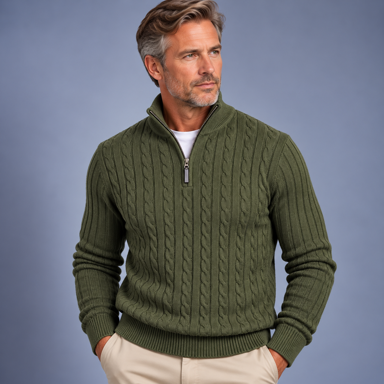 Men's Cable Knit Half-Zip Sweater with Stand Collar - 9