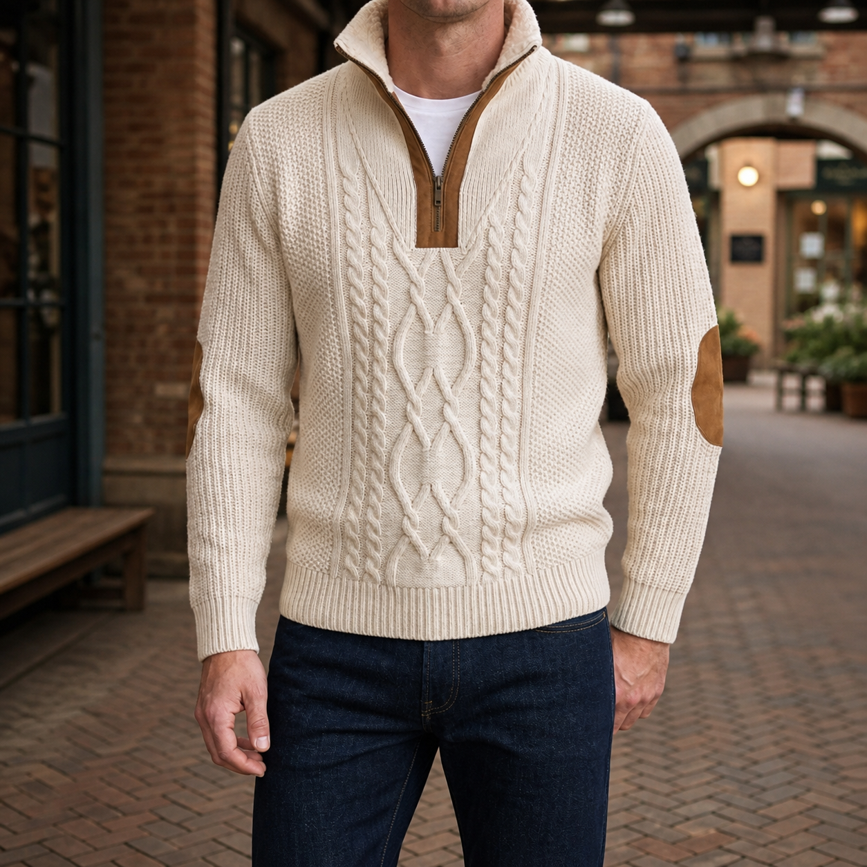 Men's Cable-Knit Quarter Zip Sweater with Contrast Details - 2