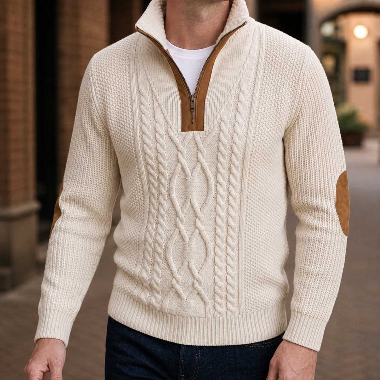 Men's Cable-Knit Quarter Zip Sweater with Contrast Details - 3