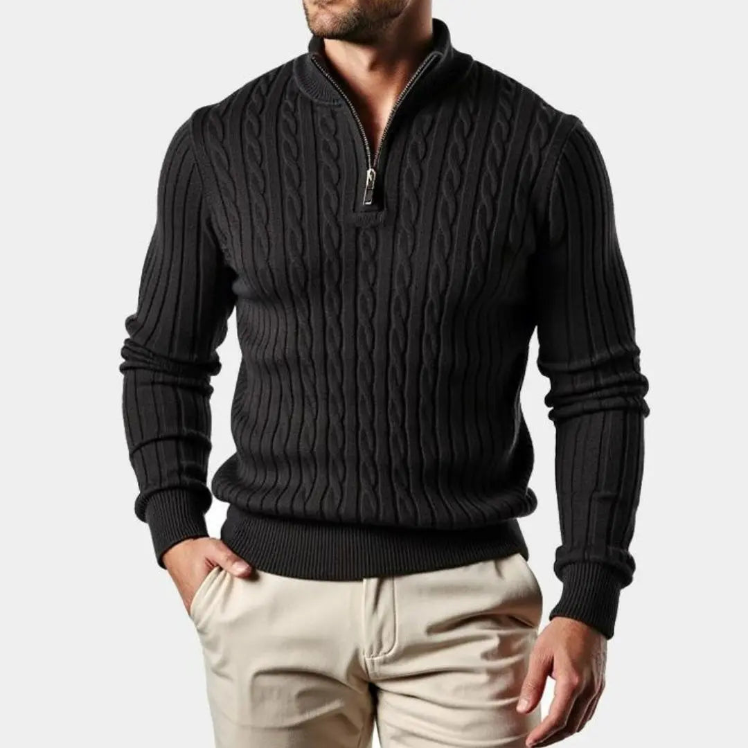 Men's Cable Knit Half-Zip Sweater with Stand Collar - 2