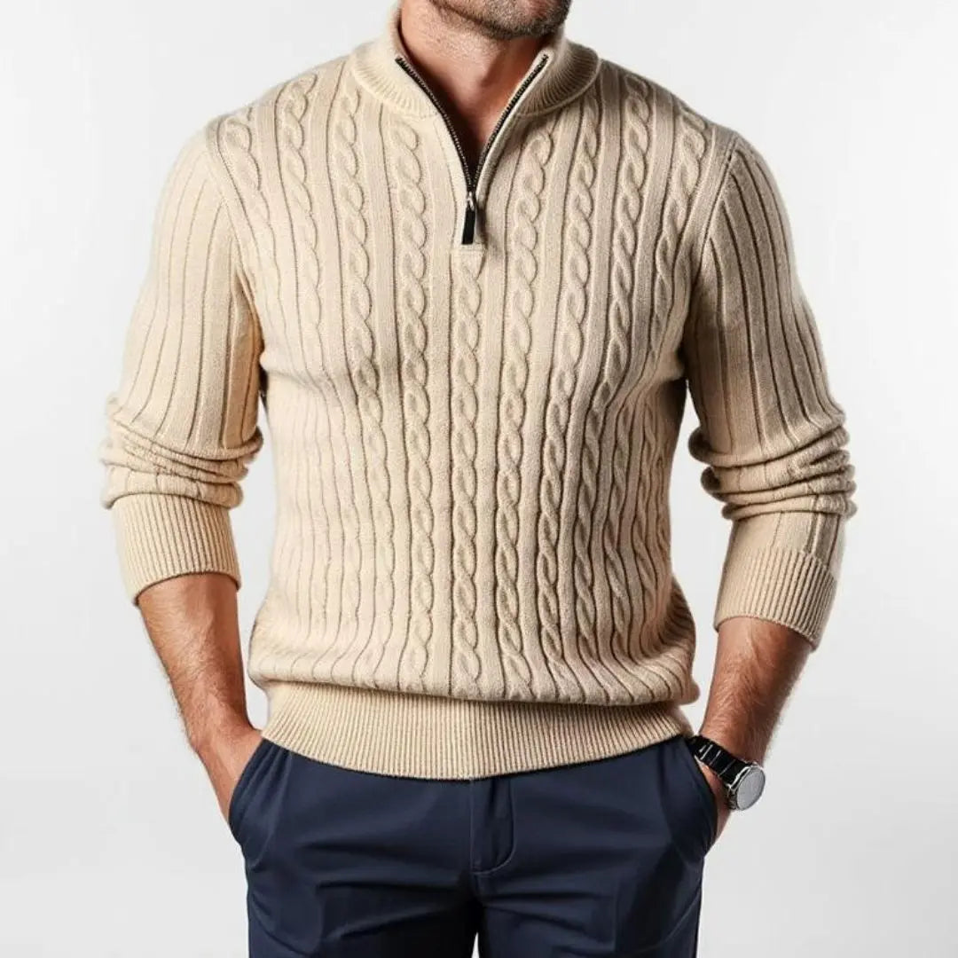 Men's Cable Knit Half-Zip Sweater with Stand Collar - 6