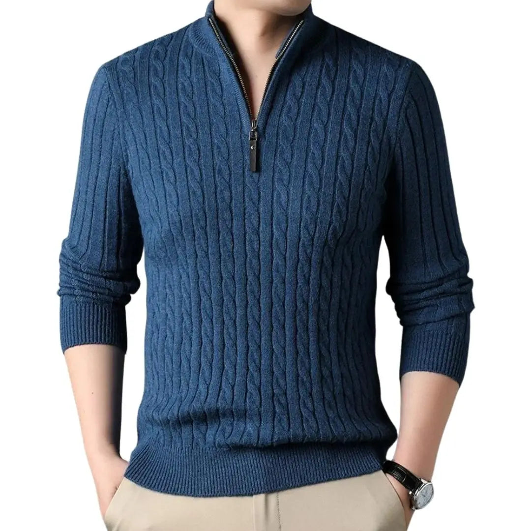 Men's Cable Knit Half-Zip Sweater with Stand Collar - 8