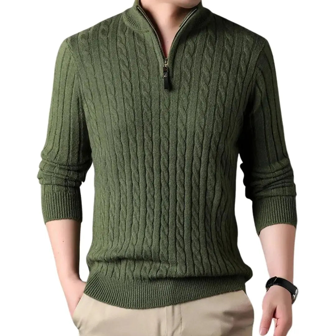 Men's Cable Knit Half-Zip Sweater with Stand Collar - 10
