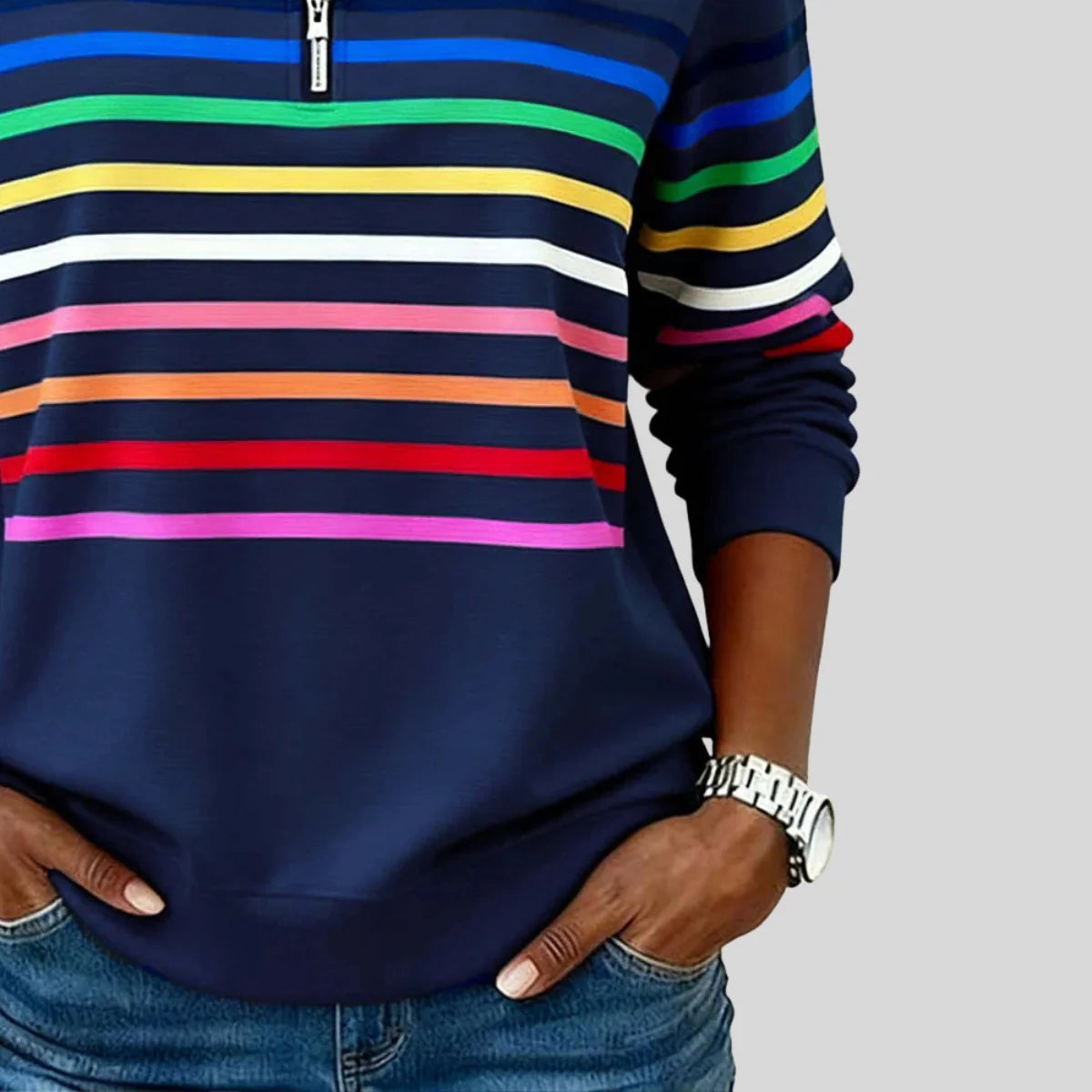 women's Striped Quarter-Zip Sweatshirt with Relaxed Fit 4
